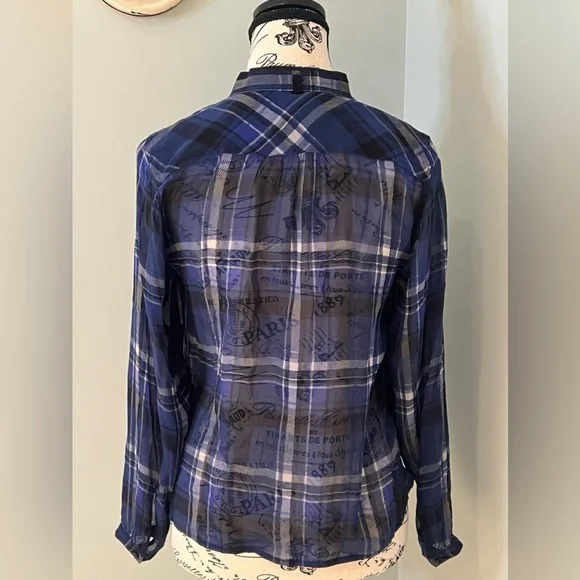 Rag & Bone Byron Button-Front Silk Sheer Chiffon Plaid Blue Black XXS Like New - Picture 4 of 11